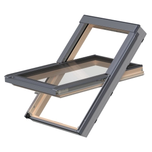 Okno PVC okleina sosna trzyszybowe FAKRO PTP-V U41 w kolorze grafitowym RAL 7016